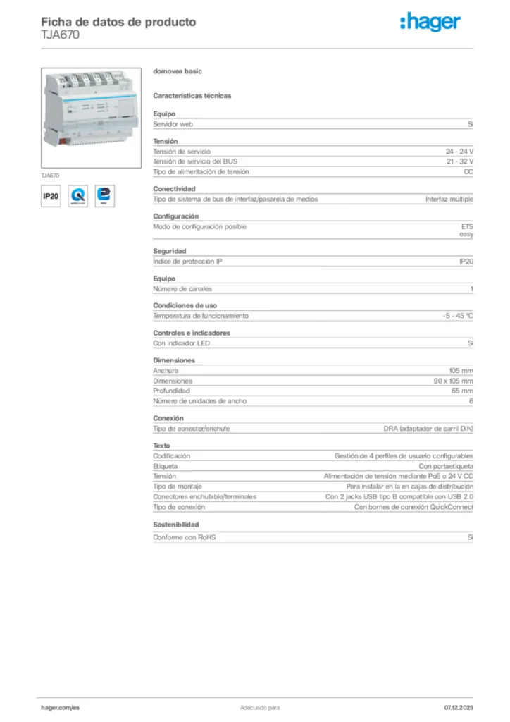 Imagen Hager Ficha de datos de producto TJA670 | Hager España