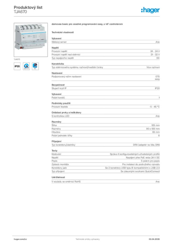 Obrázek Hager Product data sheet TJA670 | Hager