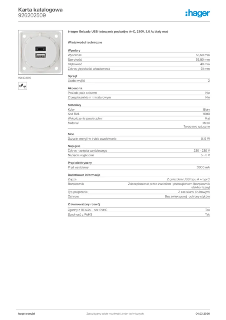 Zdjęcie Hager Karta katalogowa 926202509 | Hager Polska