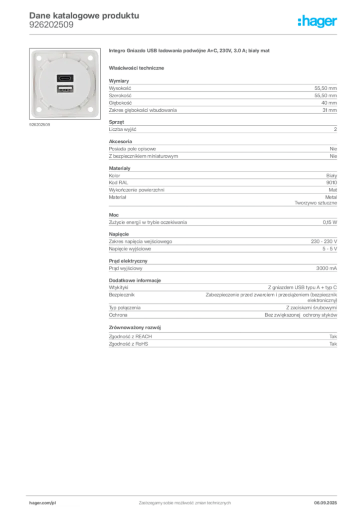 Zdjęcie Hager Dane katalogowe produktu 926202509 | Hager Polska