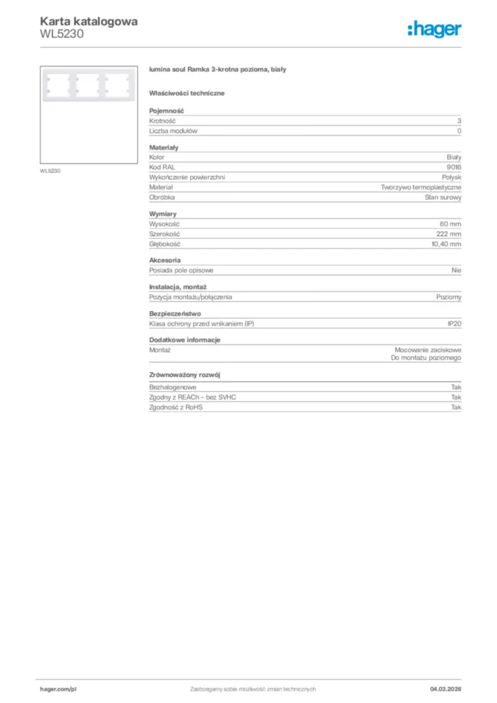 Zdjęcie Hager Karta katalogowa WL5230 | Hager Polska