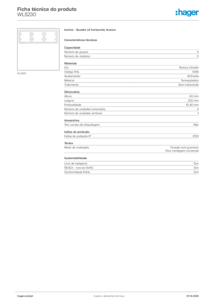 Imagem Hager Ficha técnica do produto WL5230 | Hager Portugal