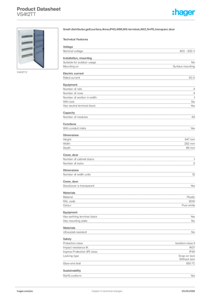 Image Hager Product data sheet VS412TT  | Hager Australia