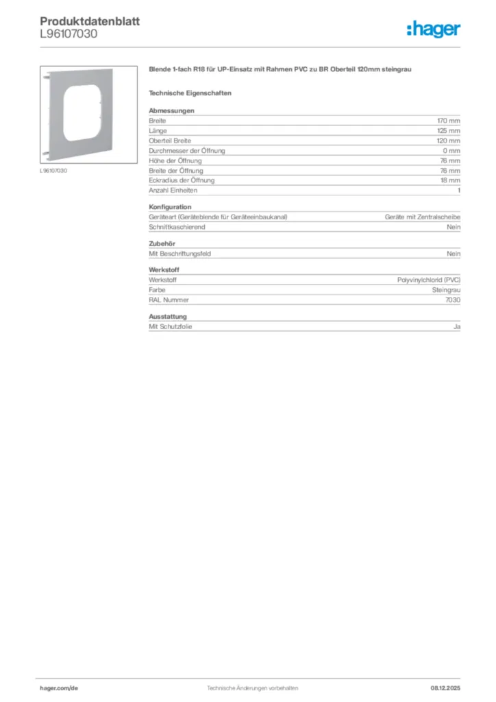 Bild Hager Produktdatenblatt L96107030 | Hager Deutschland