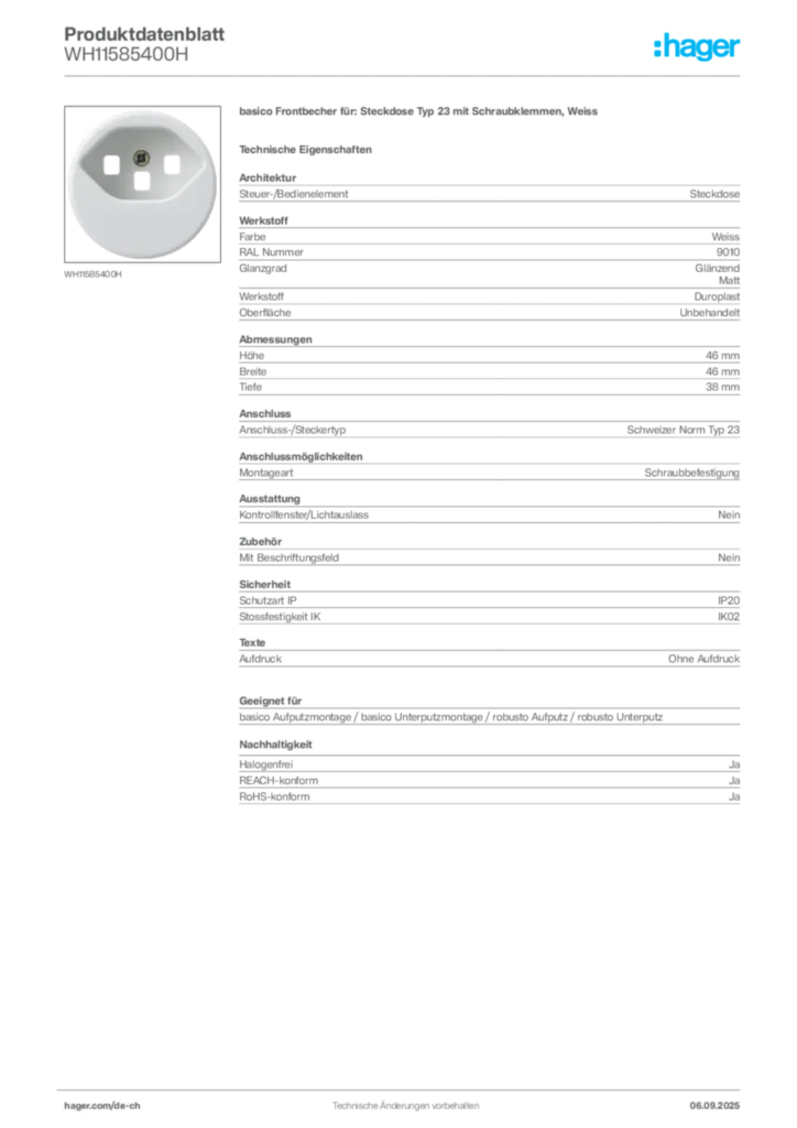 Bild Hager Produktdatenblatt WH11585400H | Hager Schweiz