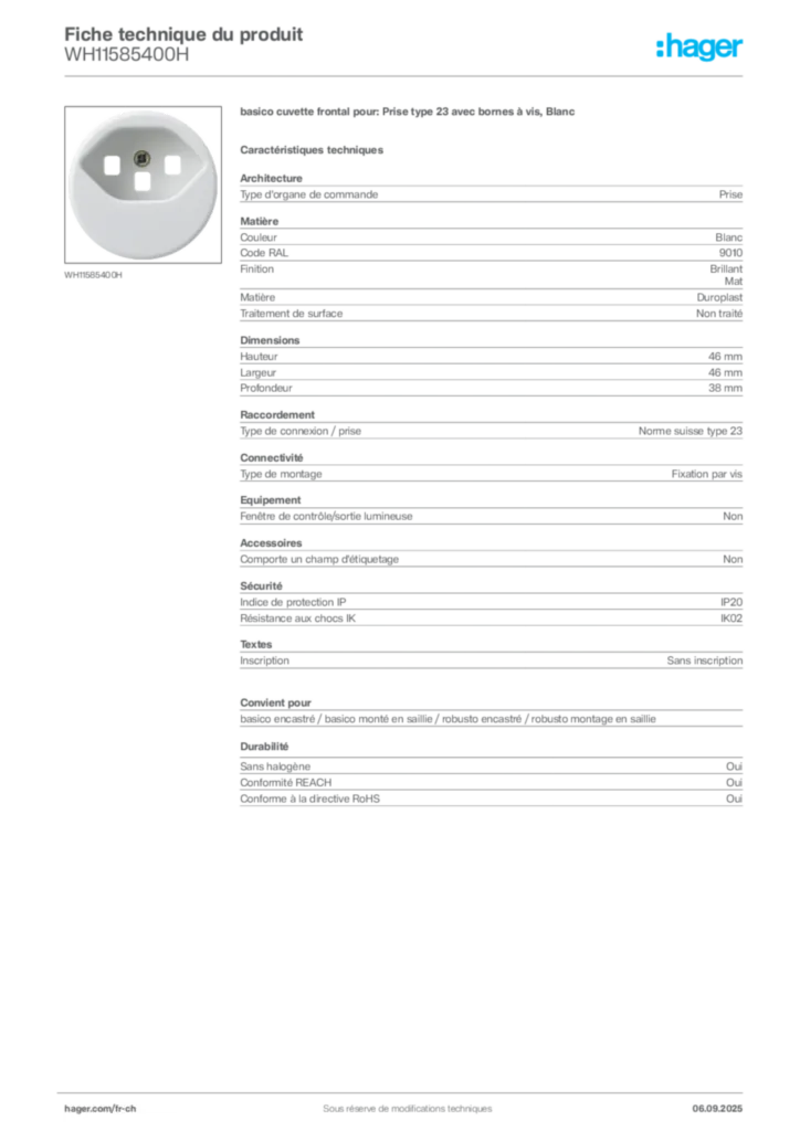 Image Hager Fiche technique du produit WH11585400H | Hager Suisse