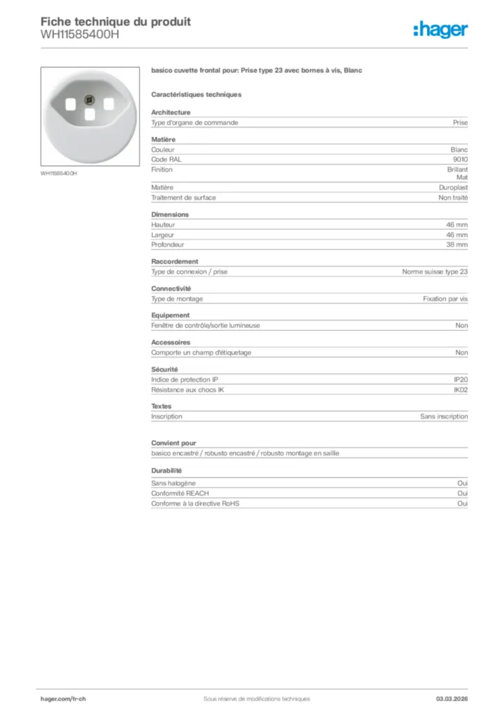 Image Hager Fiche technique du produit WH11585400H | Hager Suisse