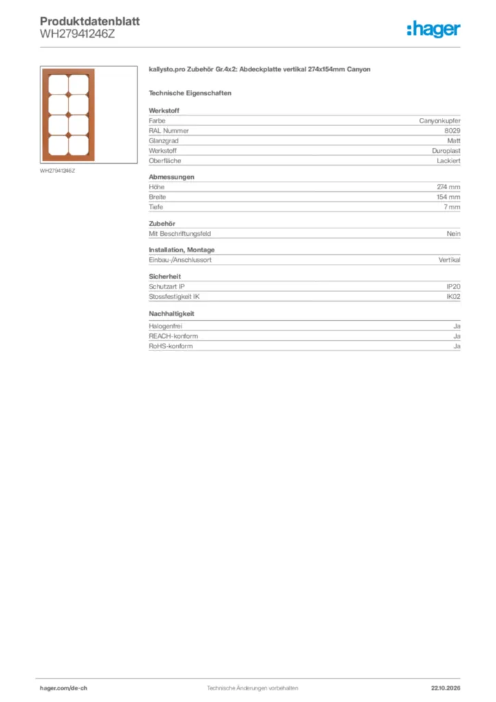 Bild Hager Produktdatenblatt WH27941246Z | Hager Schweiz