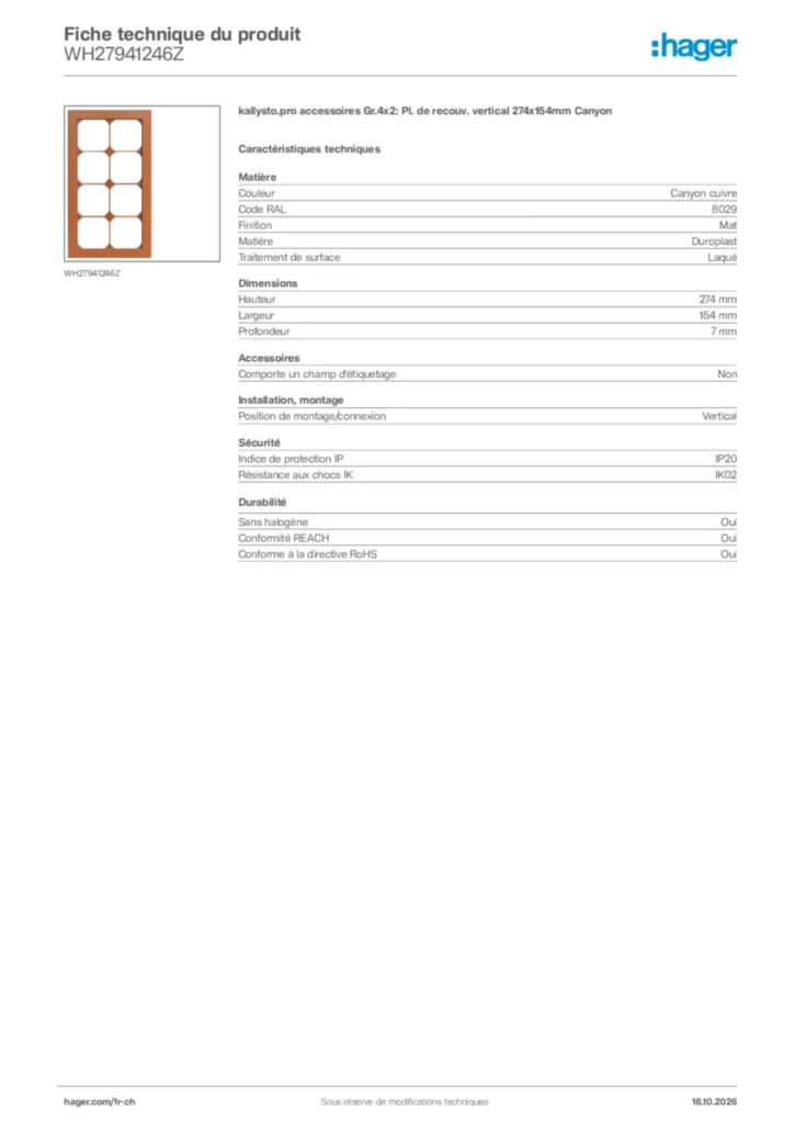 Image Hager Fiche technique du produit WH27941246Z | Hager Suisse