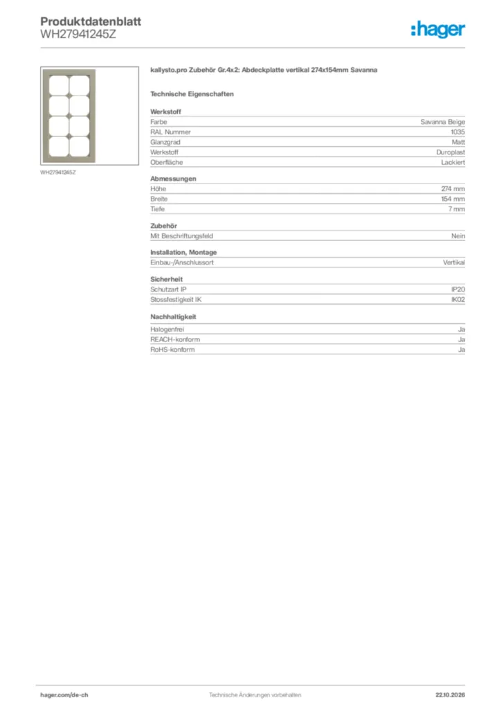 Bild Hager Produktdatenblatt WH27941245Z | Hager Schweiz