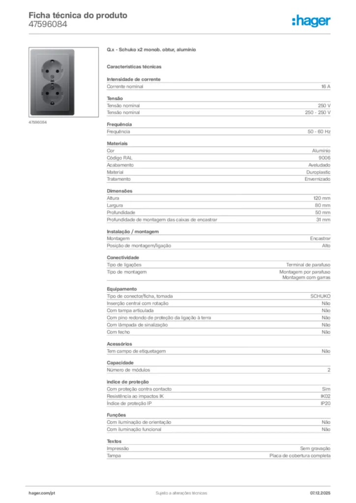 Imagem Hager Ficha técnica do produto 47596084 | Hager Portugal