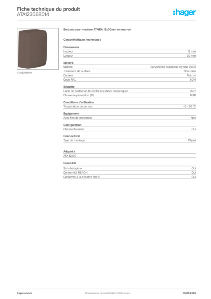 Image Hager Fiche technique du produit ATA123068014 | Hager France