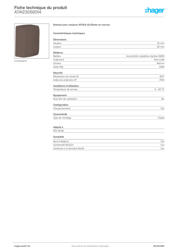 Image Hager Fiche technique du produit ATA123068014 | Hager Belgique