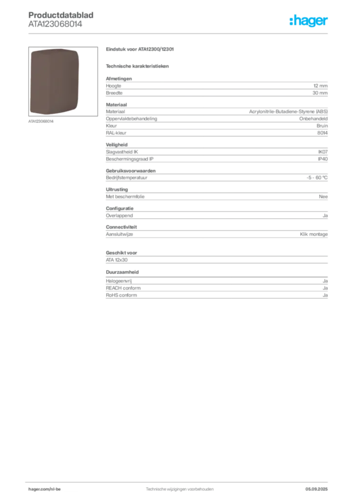 Afbeelding Hager Productdatablad ATA123068014 | Hager Belgium
