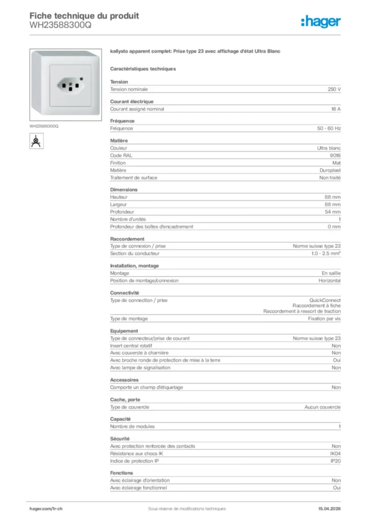 Image Hager Fiche technique du produit WH23588300Q | Hager Suisse