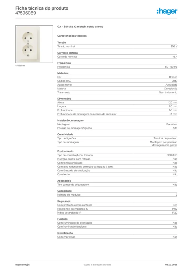 Imagem Hager Ficha técnica do produto 47596089 | Hager Portugal