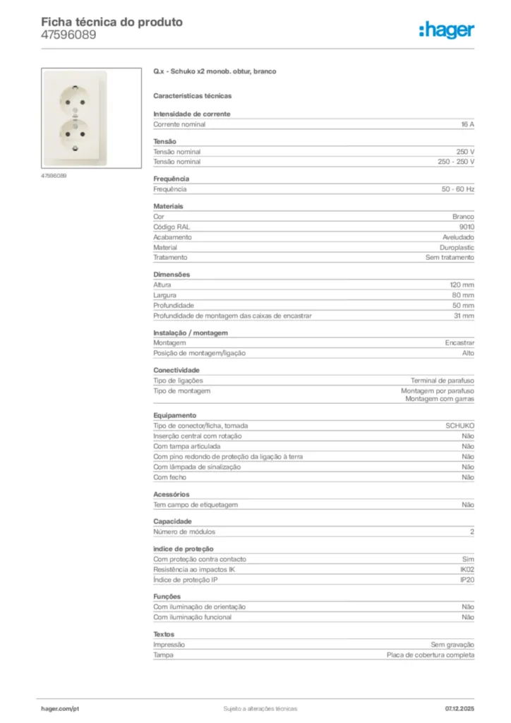 Imagem Hager Ficha técnica do produto 47596089 | Hager Portugal