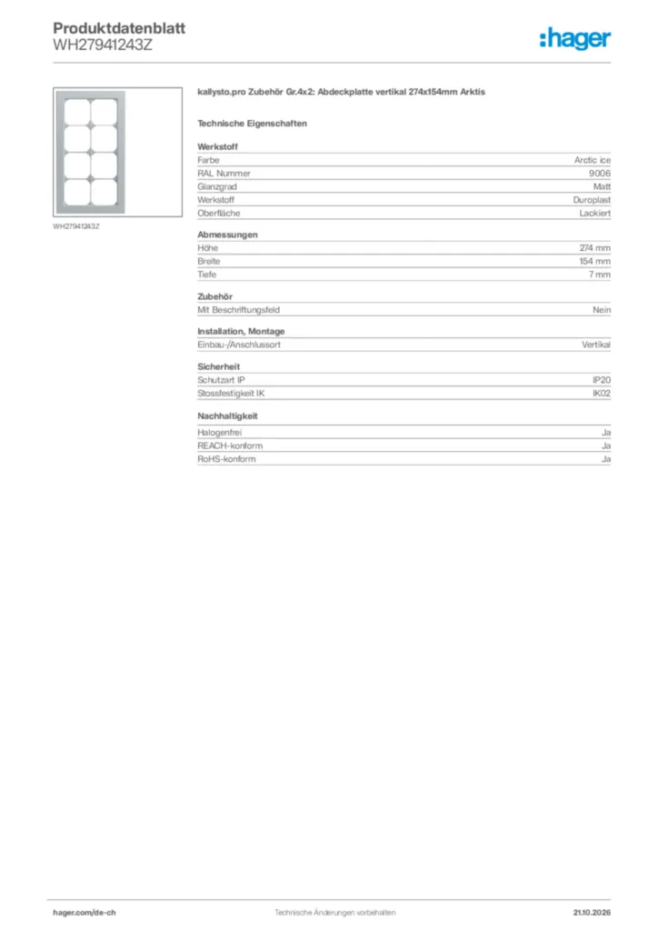 Bild Hager Produktdatenblatt WH27941243Z | Hager Schweiz