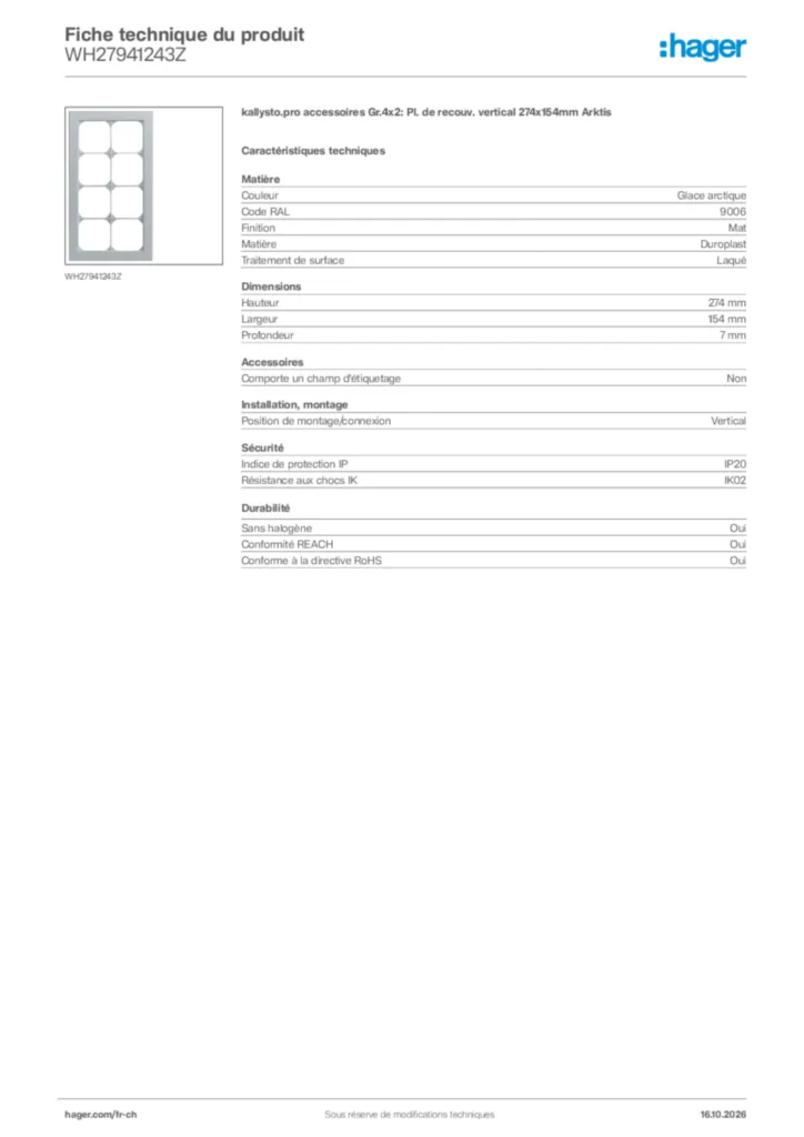 Image Hager Fiche technique du produit WH27941243Z | Hager Suisse