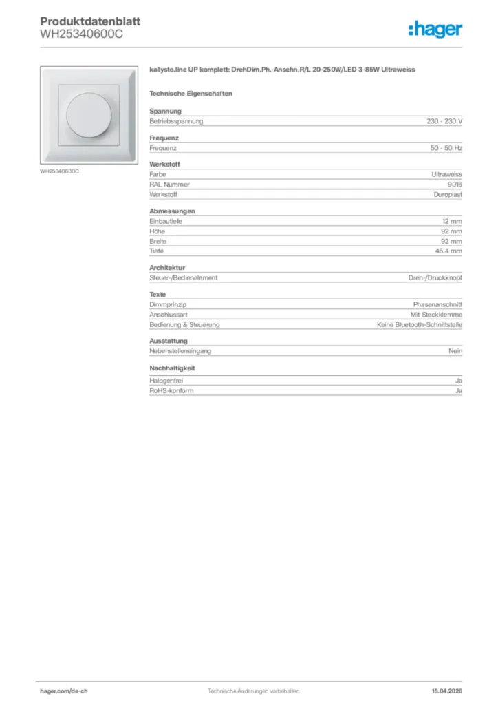 Bild Hager Produktdatenblatt WH25340600C | Hager Schweiz
