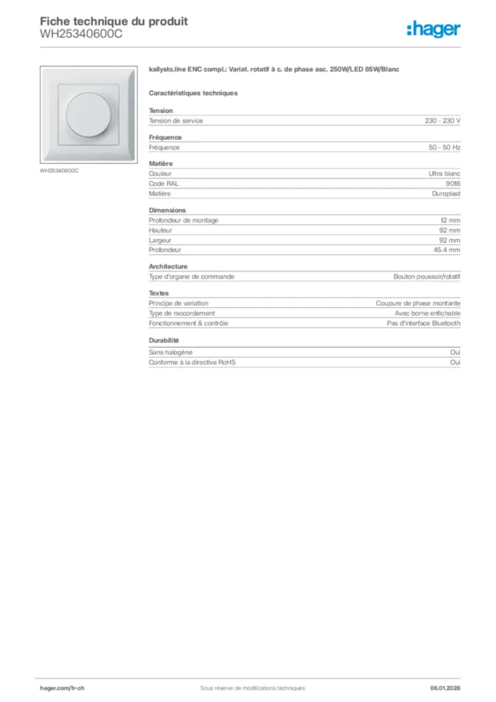 Image Hager Fiche technique du produit WH25340600C | Hager Suisse