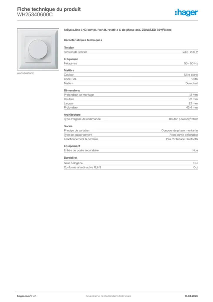 Image Hager Fiche technique du produit WH25340600C | Hager Suisse