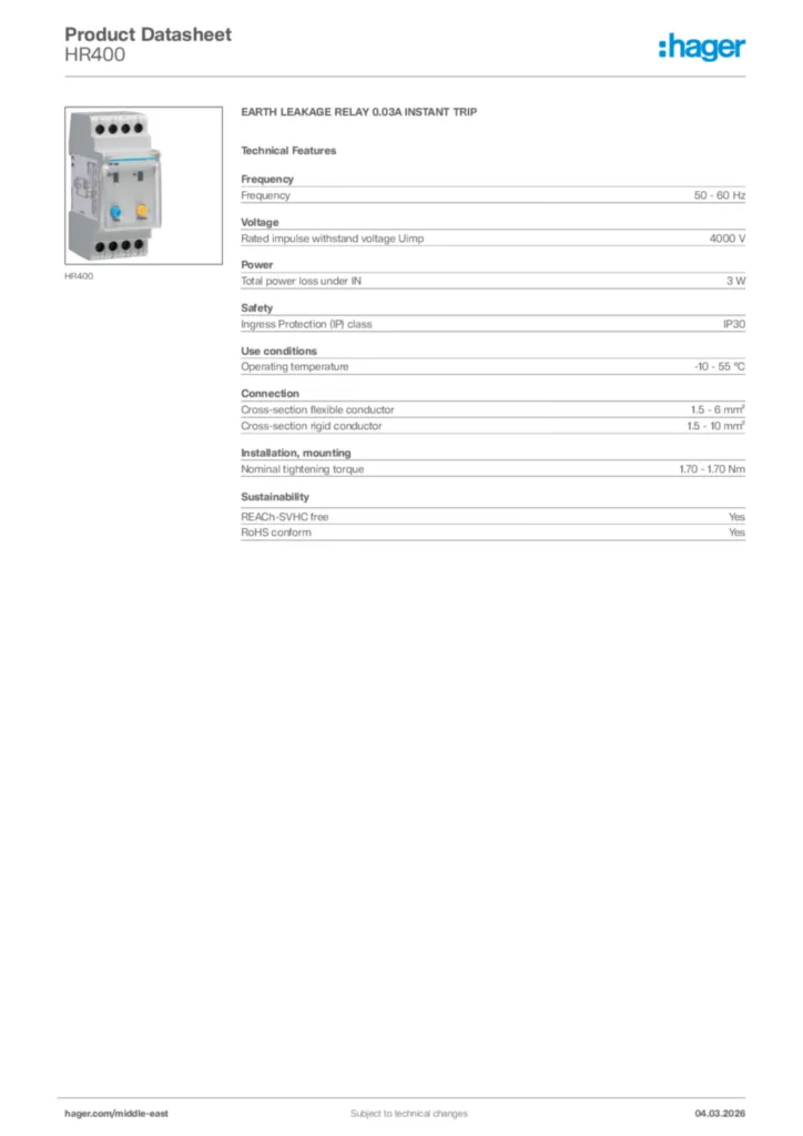 Image Hager Product data sheet HR400  | Hager