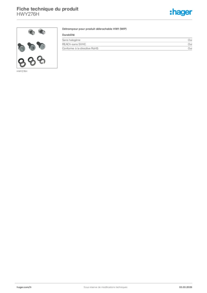 Image Hager Fiche technique du produit HWY276H | Hager France