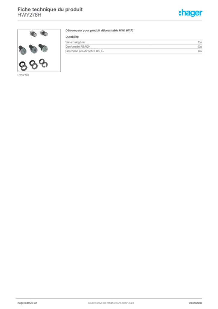 Image Hager Fiche technique du produit HWY276H | Hager Suisse