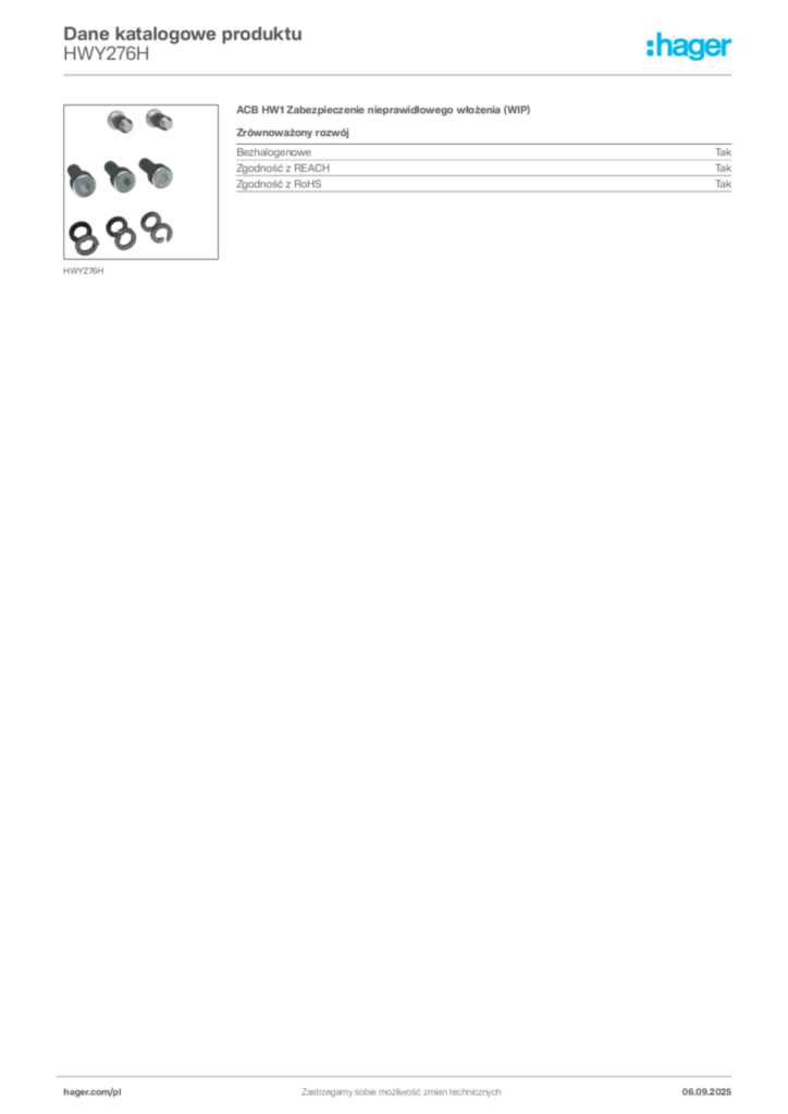 Zdjęcie Hager Dane katalogowe produktu HWY276H | Hager Polska