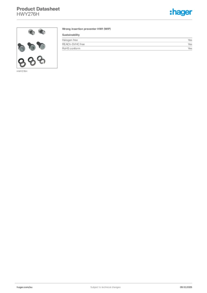 Image Hager Product data sheet HWY276H  | Hager Australia