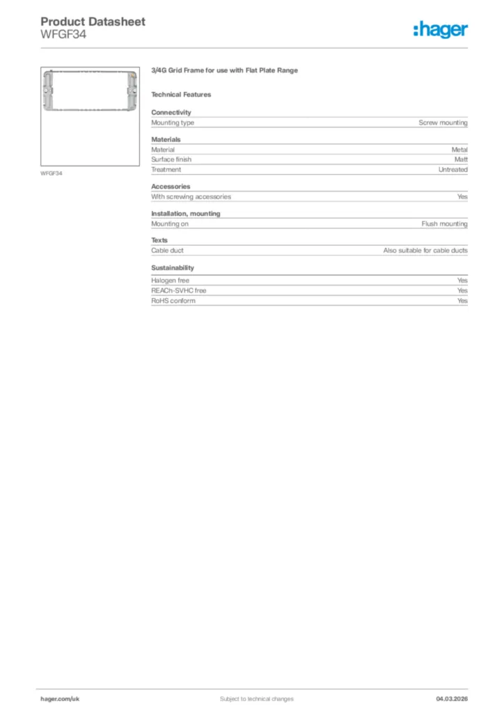 Image Hager Product data sheet WFGF34  | Hager