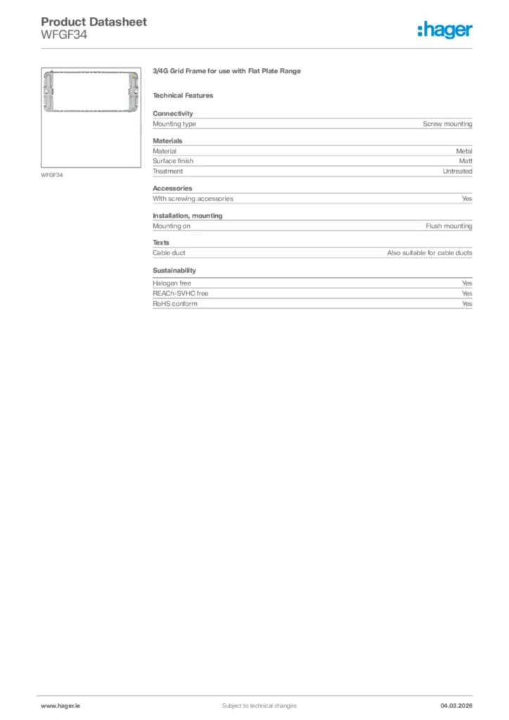 Image Hager Product data sheet WFGF34  | Hager