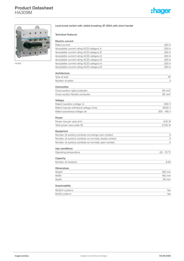Image Hager Product data sheet HA309M  | Hager Australia