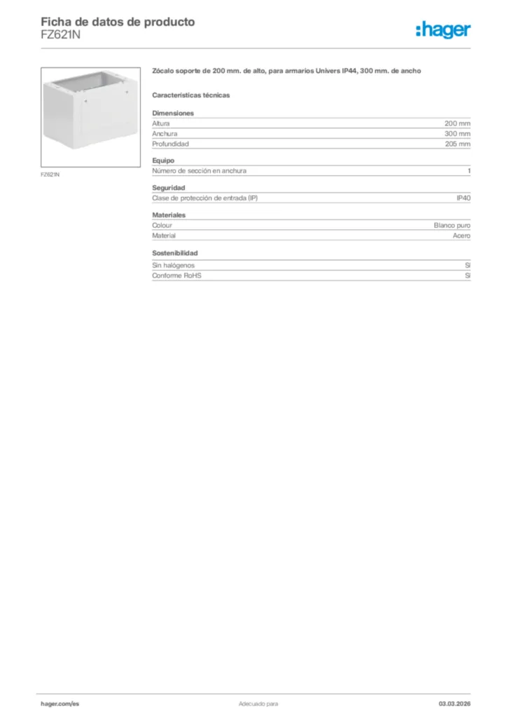 Imagen Hager Ficha de datos de producto FZ621N | Hager España