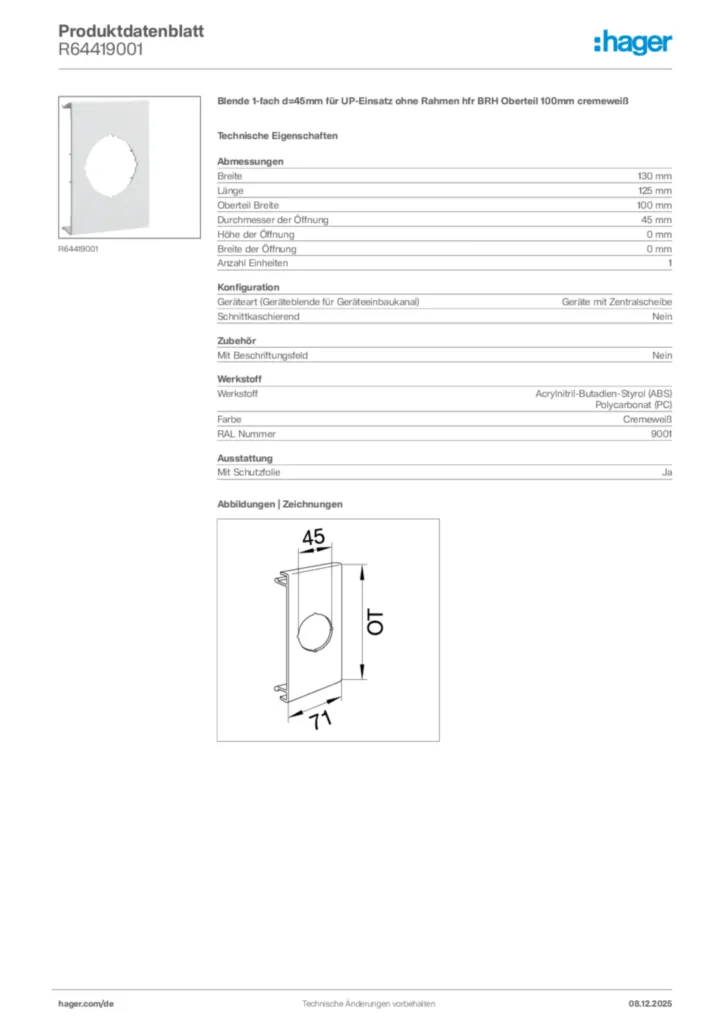 Bild Hager Produktdatenblatt R64419001 | Hager Deutschland