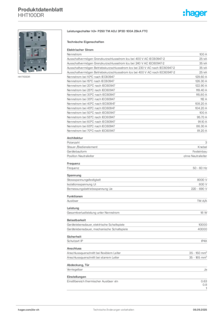 Bild Hager Produktdatenblatt HHT100DR | Hager Schweiz