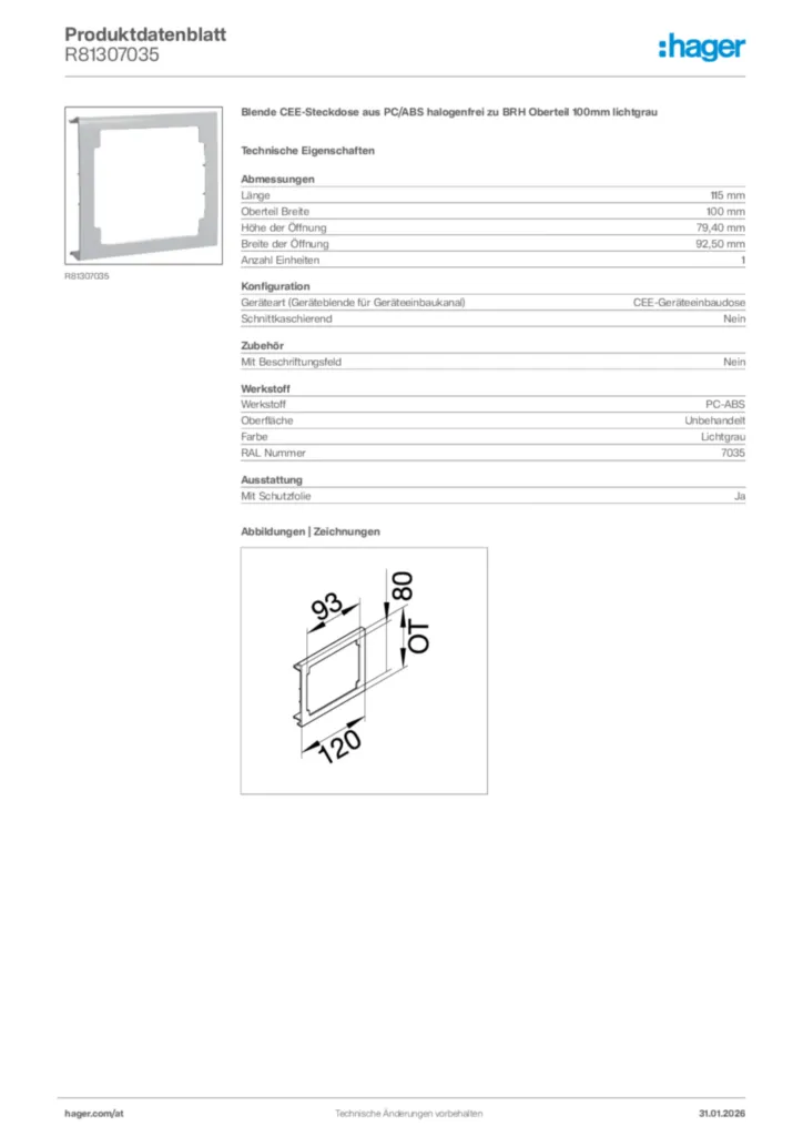 Bild Hager Produktdatenblatt R81307035 | Hager Deutschland