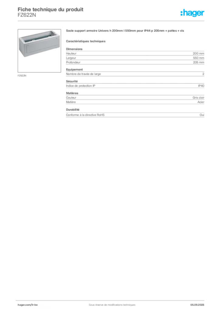 Image Hager Fiche technique du produit FZ622N | Hager Belgique