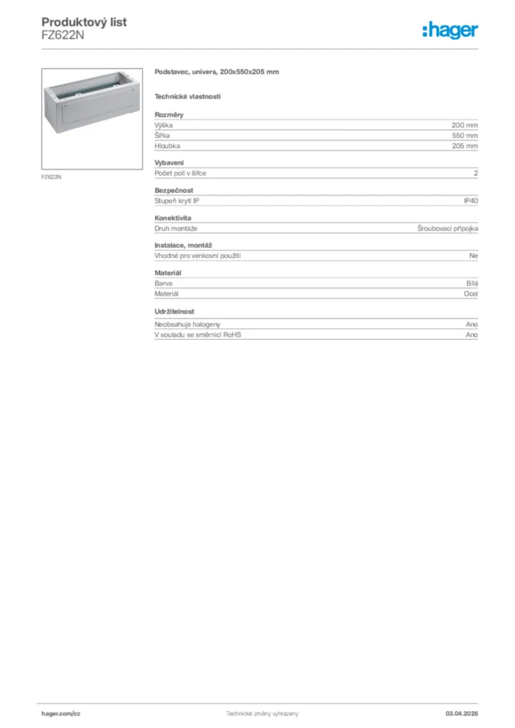 Obrázek Hager Product data sheet FZ622N | Hager