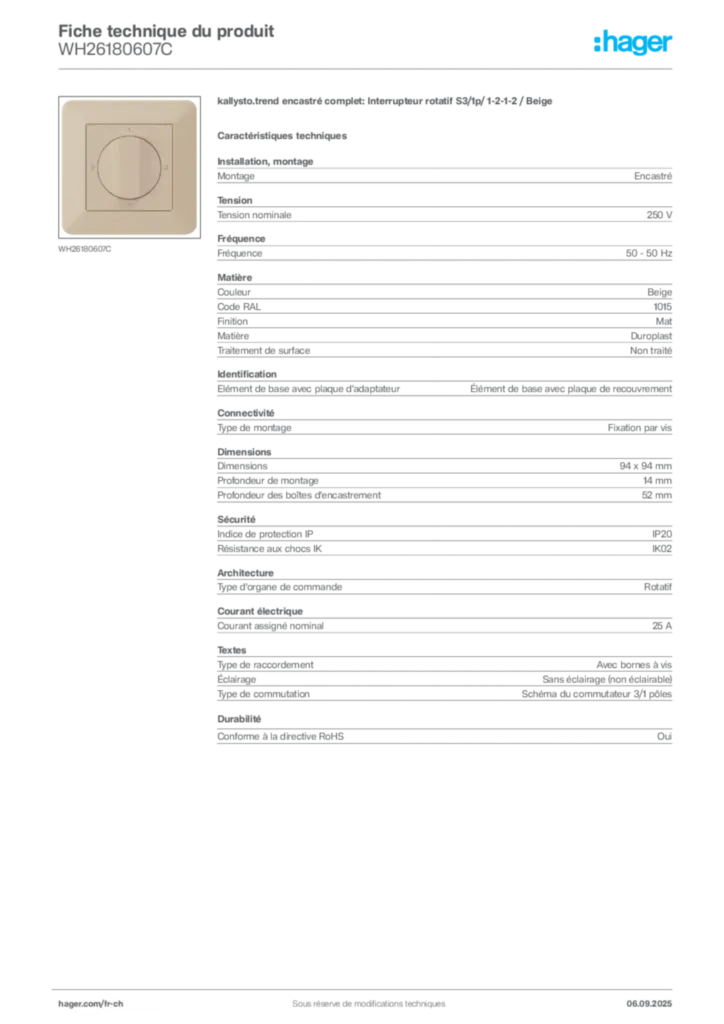 Image Hager Fiche technique du produit WH26180607C | Hager Suisse