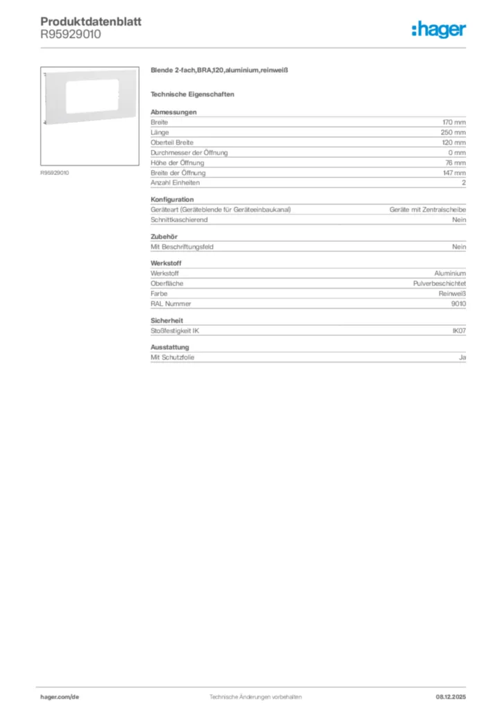 Bild Hager Produktdatenblatt R95929010 | Hager Deutschland