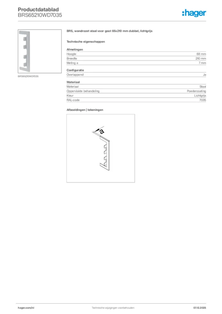 Afbeelding Hager Productdatablad BRS65210WD7035 | Hager Nederland