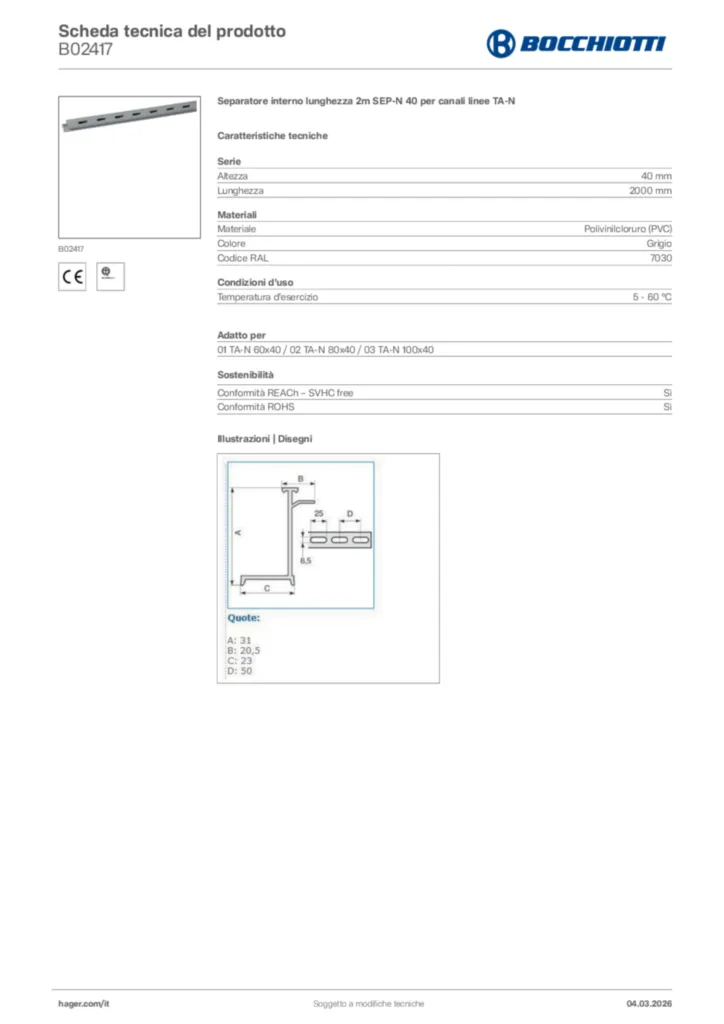 Immagine Bocchiotti Scheda tecnica del prodotto B02417 | Hager Italia