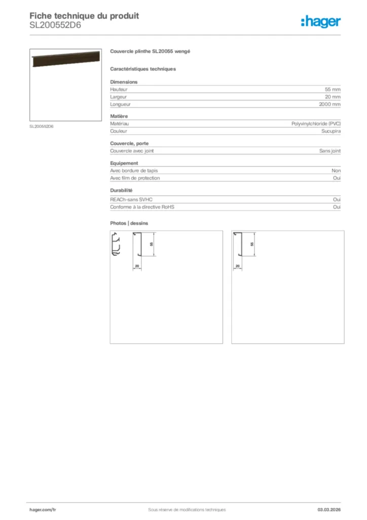 Image Hager Fiche technique du produit SL200552D6 | Hager France