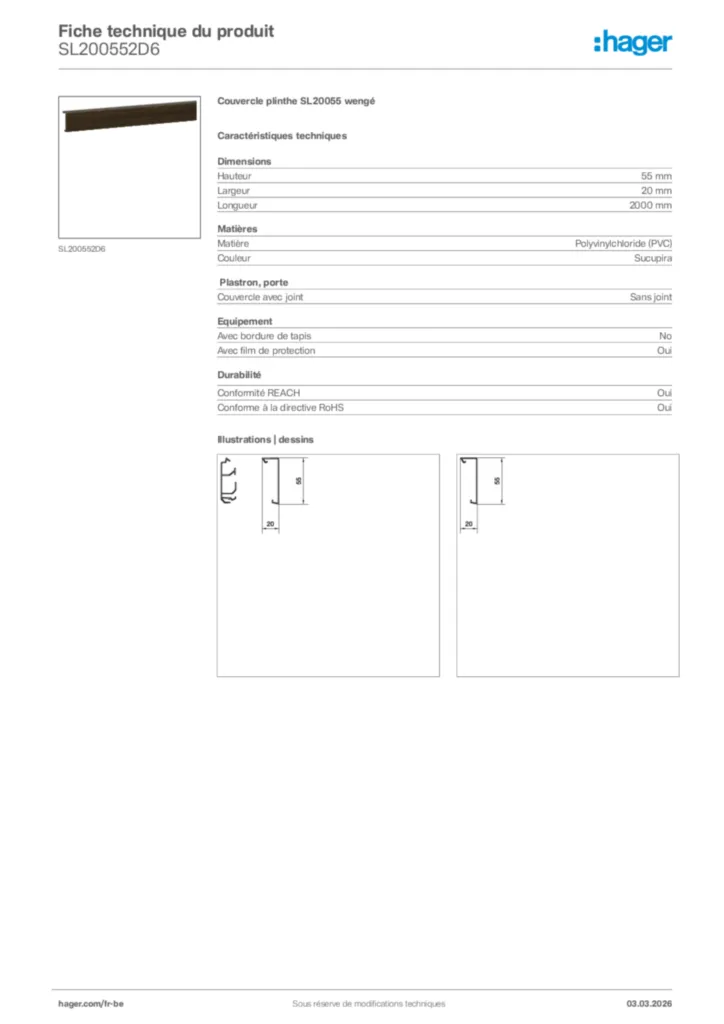 Image Hager Fiche technique du produit SL200552D6 | Hager Belgique