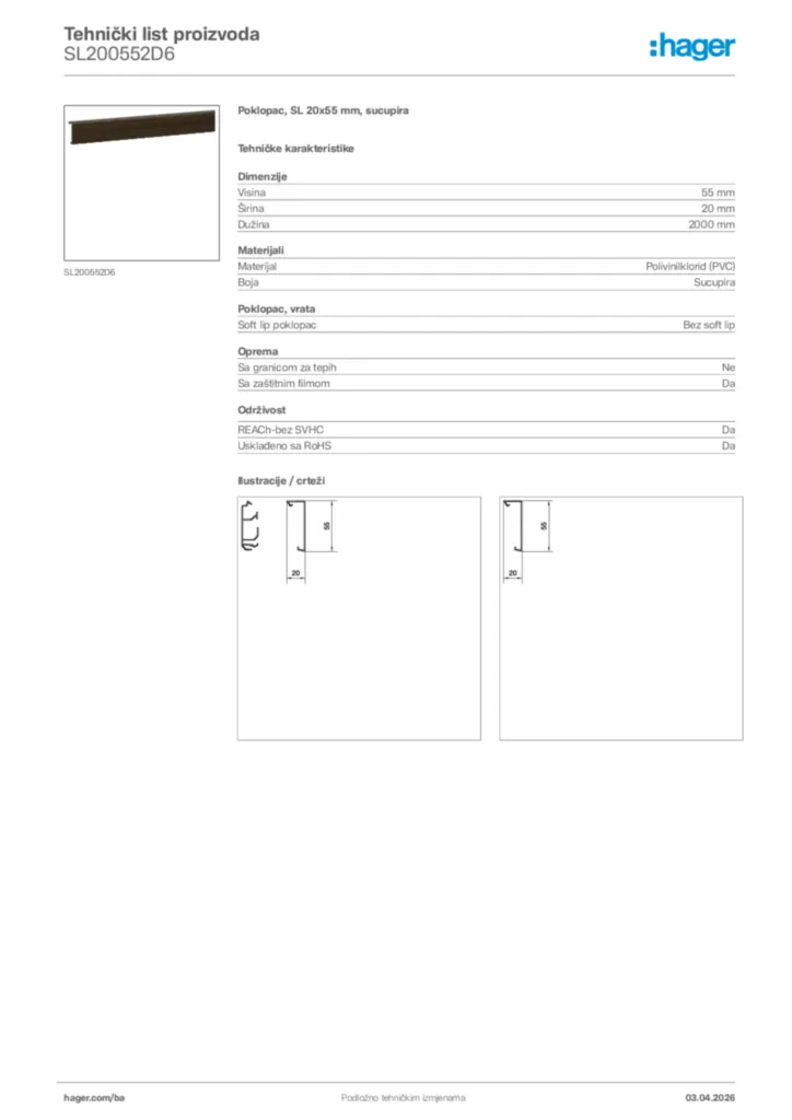 Slika Hager Tehnički list proizvoda SL200552D6  | Hager