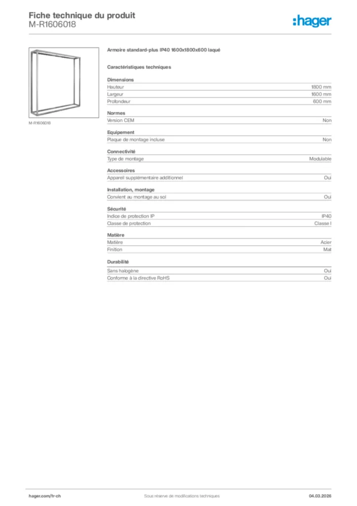 Image Hager Fiche technique du produit M-R1606018 | Hager Suisse