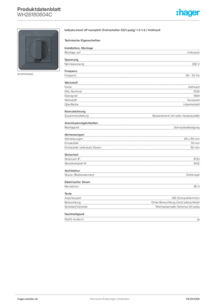 Bild Hager Produktdatenblatt WH26180604C | Hager Schweiz