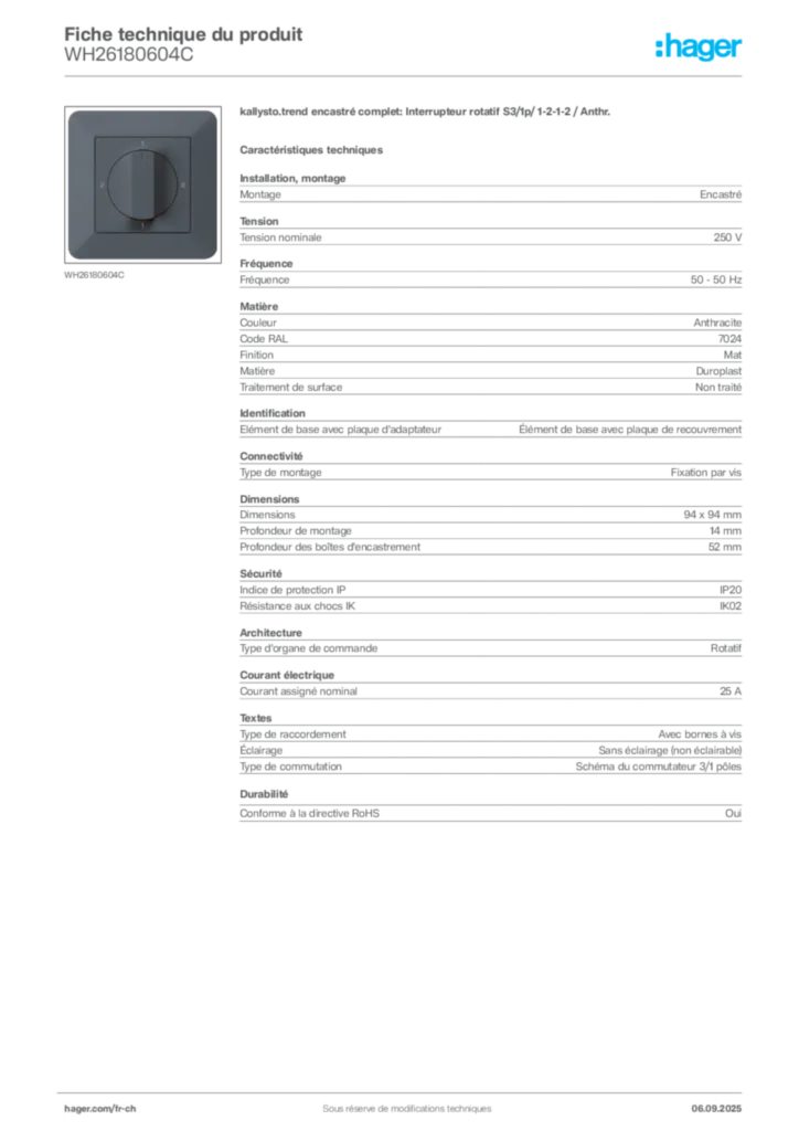 Image Hager Fiche technique du produit WH26180604C | Hager Suisse